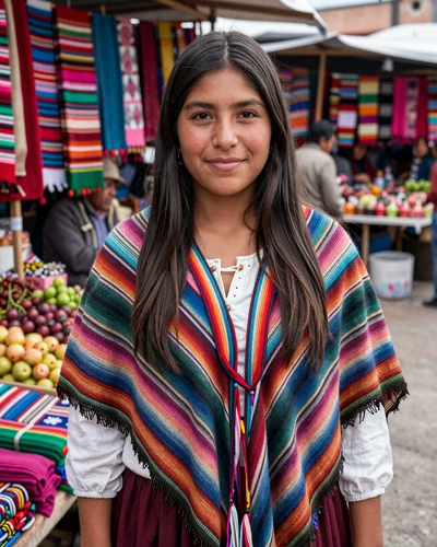 Bolivian woman in a colorful woven shawl at a vibrant La Paz open-air market
