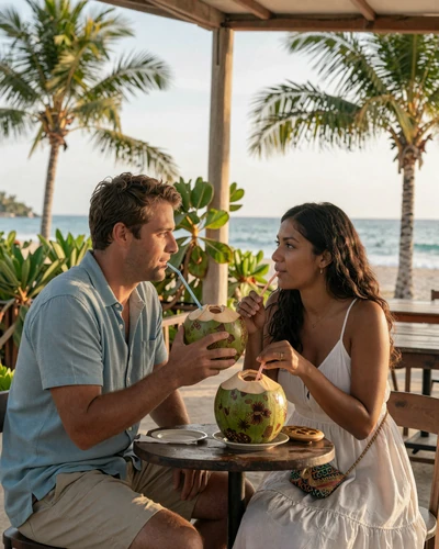 American man and Costa Rican woman sharing coconut drinks at a beachside eco-café