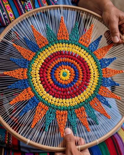 Intricate Paraguayan ñanduti sun-shaped lace weaving in vibrant colors being crafted by hand