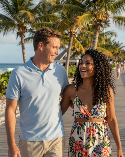 Happy American man and Grenadian woman walking together along a tropical beach boardwalk in Grenada