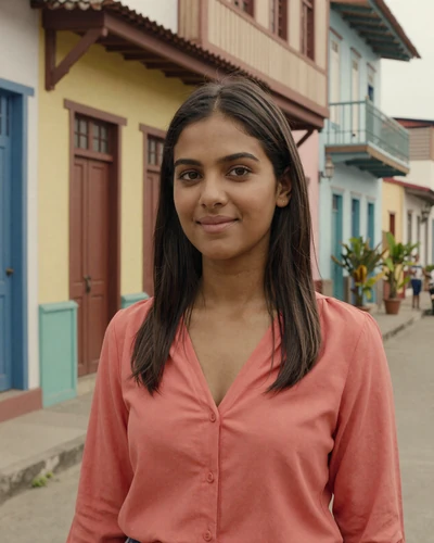 Surinamese woman of Hindustani descent in a colorful Paramaribo colonial street