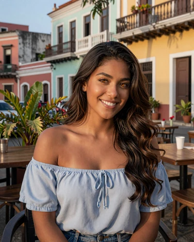 Beautiful Puerto Rican woman enjoying an outdoor café in Old San Juan with colorful colonial architecture