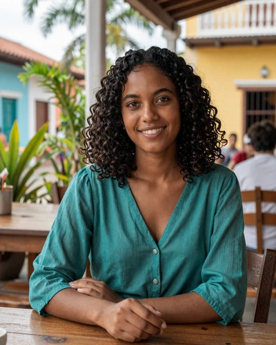 Elegant French Guianese woman enjoying coffee at a colorful Creole café in Cayenne
