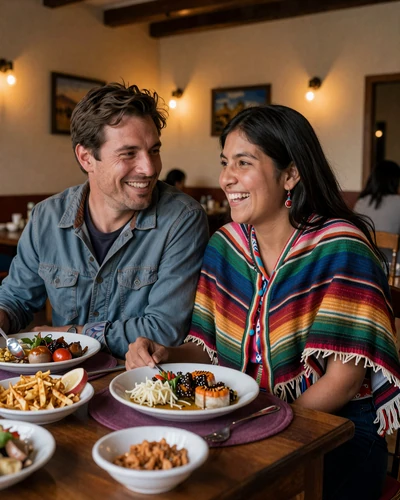 Happy American man and Bolivian woman laughing together while sharing a traditional meal in La Paz