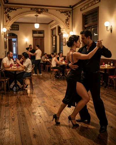 Atmospheric tango milonga scene in Buenos Aires with couples dancing under warm amber lighting
