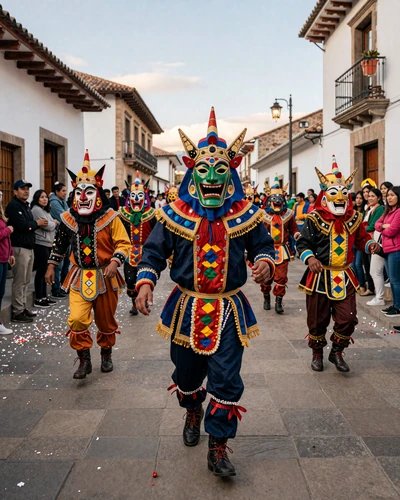 Vibrant Carnival de Oruro celebration with traditional Diablada dancers in elaborate colorful costumes