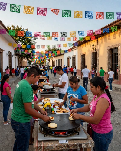 Vibrant Salvadoran street festival with families gathered around pupusa stalls in a colorful colonial town