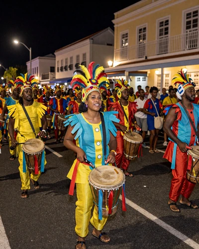 Vibrant Junkanoo festival parade in Nassau Bahamas with colorful costumes and traditional drums
