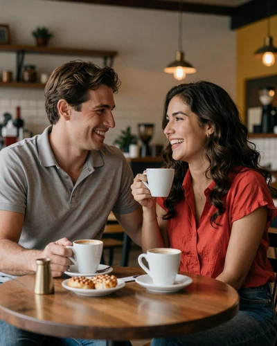 Happy American man and Colombian woman laughing together over coffee in a Colombian café