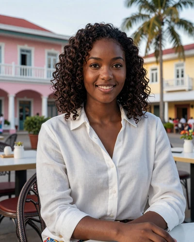 Refined Barbadian woman at an outdoor café in Bridgetown with colonial architecture in background